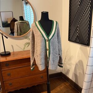eesome Grey Cardigan with Green and White Trim medium